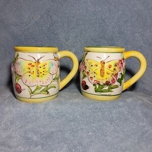 World Bazars Inc Lot Of 2 Butterfly 3D Pottery Mug Flowers Spring Garden Cottage